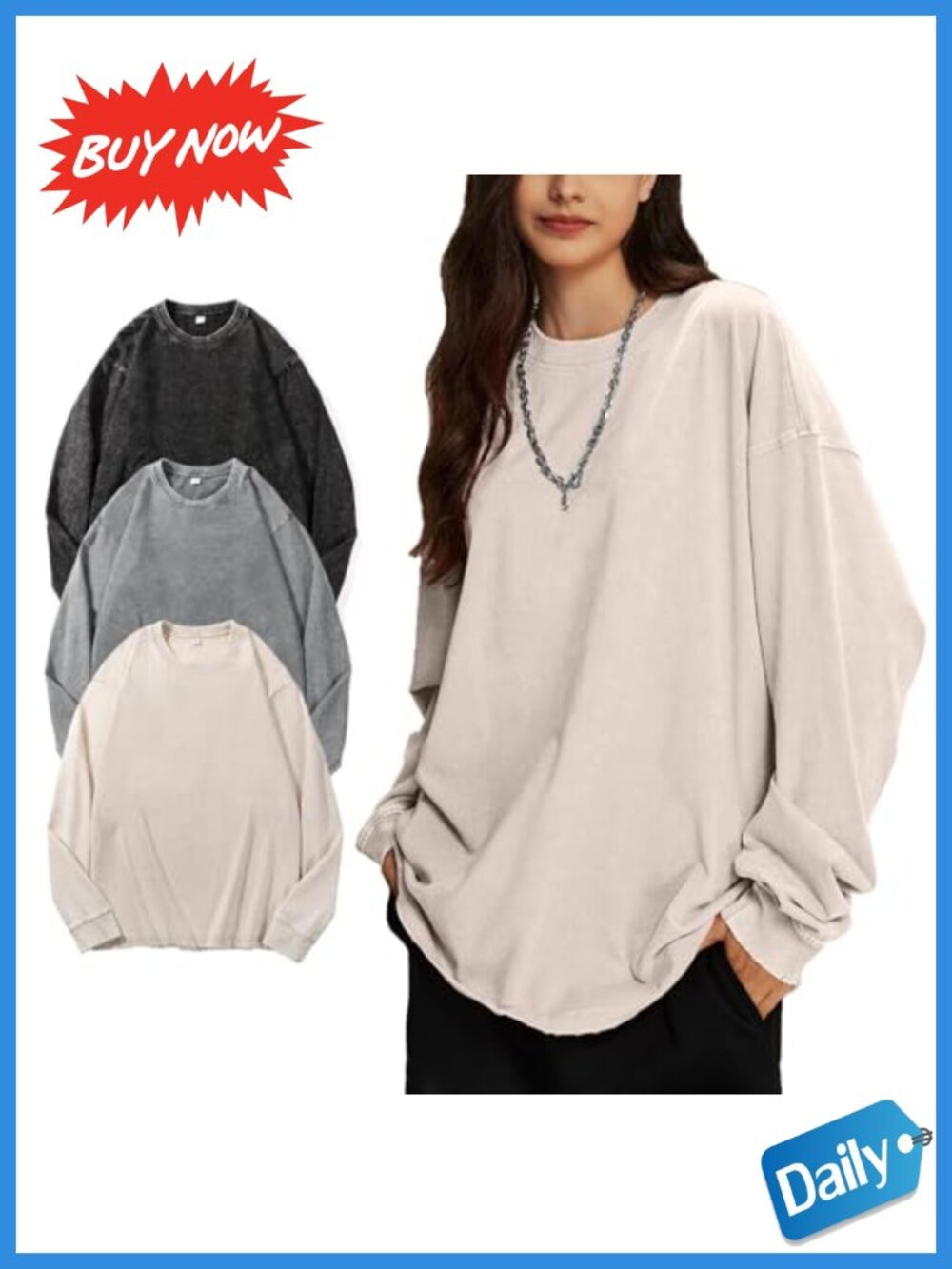 Oversized Cotton Long Sleeve Acid Wash T-Shirt Baggy Crew Neck Pullover